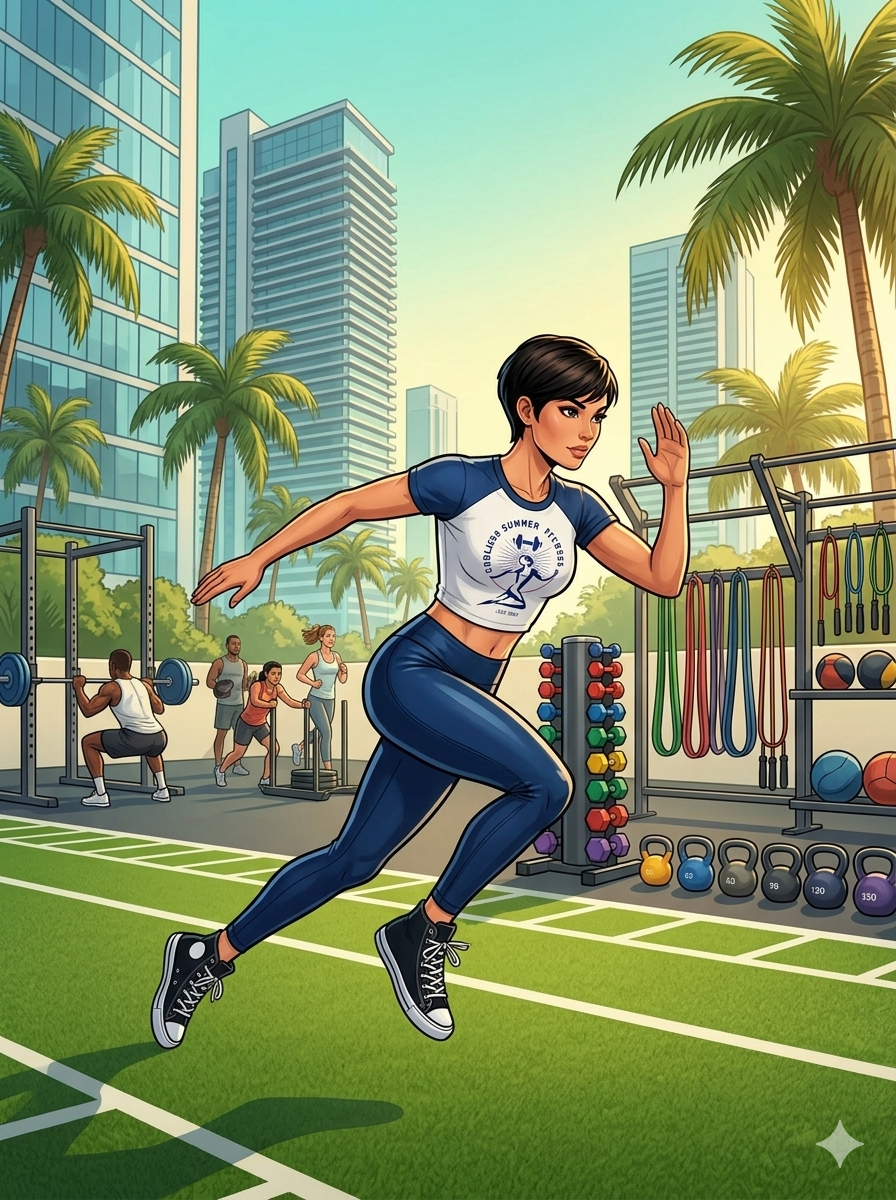 Hybrid Training Workouts. A woman performs a lateral skater cardio movement on turf at a Miami outdoor gym, with other athletes lifting, jumping rope, and running among palm trees and tall city buildings.
