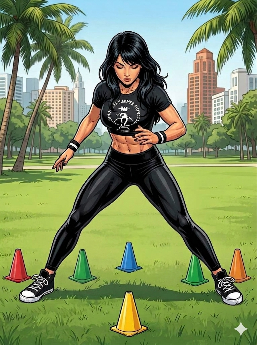 30-Min Hybrid Fitness. Comic‑book style illustration of a muscular female coach in a black Endless Summer Fitness crop top, black leggings, wristbands, and black‑and‑white sneakers performing a quick‑feet star‑pattern agility drill in a sunny Miami park. She moves sharply between five color‑coded cones arranged in a star formation, with palm trees and the Miami skyline in the background.