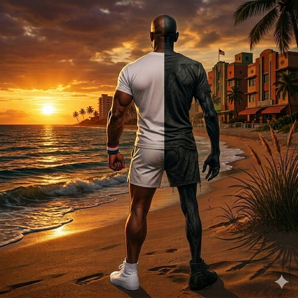 A person standing on a Miami beach at sunset with their body split into two contrasting halves—one healthy and athletic, the other dark, cracked, and worn—symbolizing the emotional and physical duality of chronic illness.