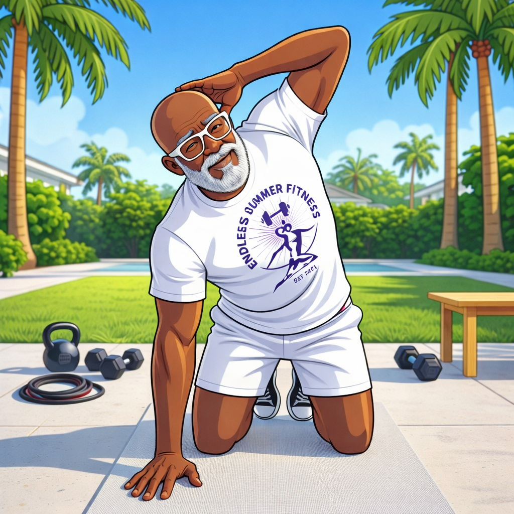 Mobility After 60. Mature athlete stretching on a mat surrounded by kettlebells and resistance bands under palm trees, showcasing Endless Summer Fitness outdoor training vibe.