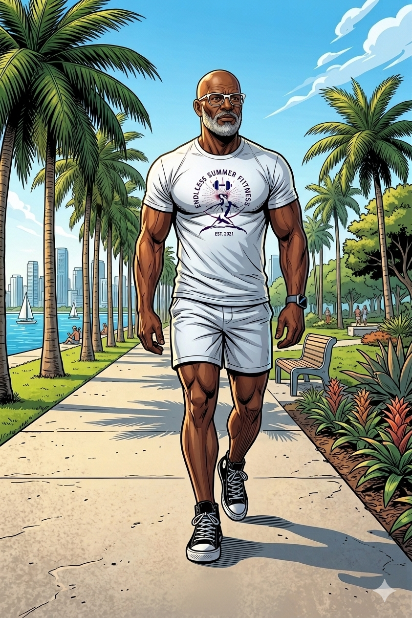 Fitness Health Restart. Premium comic book illustration of practicing low-impact Zone 2 walking in Miami for his trainer health restart.
