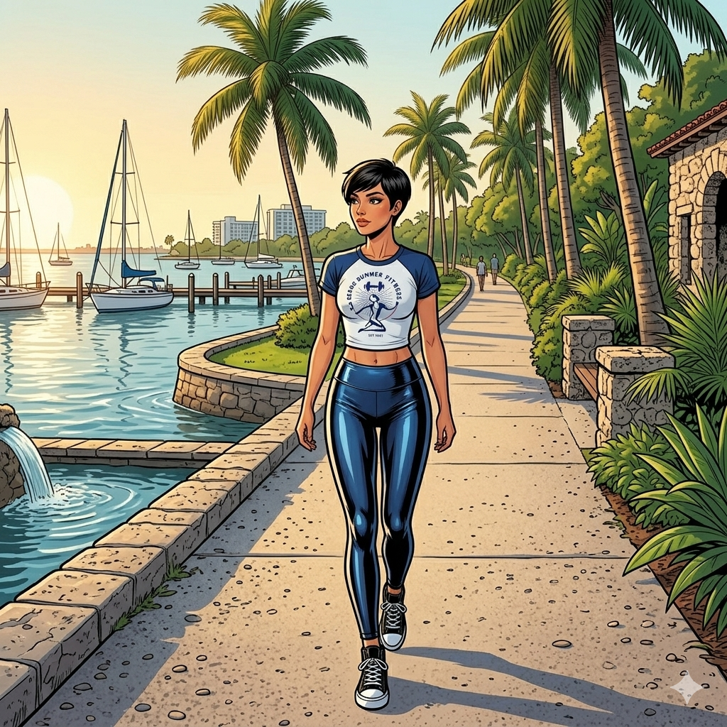 5 Scenic Running and Walking Routes in Miami. Comic-style illustration of a woman with short dark hair walking along a scenic waterfront pathway lined with palm trees and sailboats at sunset.