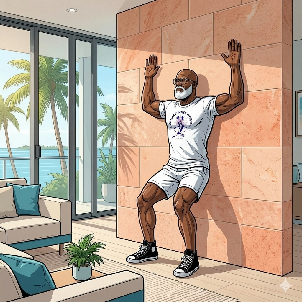 Mobility After 60. Illustrated older man with white beard and glasses doing a side leg raise in tropical sunlight, wearing Endless Summer Fitness logo tee and black sneakers.