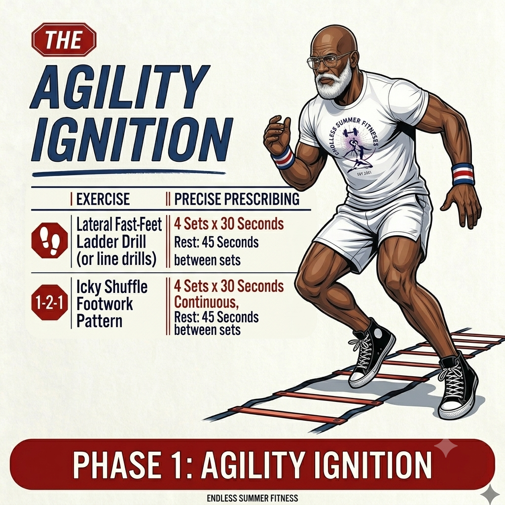 hybrid-fitness-for-muscle-tone. "Infographic showing Endless Summer Fitness 'Agility Ignition' workout. Features the head coach performing ladder drills and lists Phase 1 agility exercises and prescription parameters."