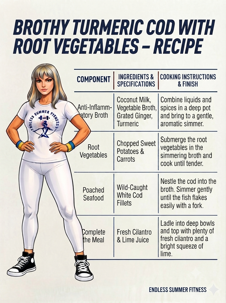 Healthy Dinner Ideas. Alt text: A Brothy Turmeric Cod recipe card featuring a stylized Endless Summer Fitness figure beside a clean three‑column chart outlining broth ingredients, root vegetables, poached cod steps, and fresh cilantro‑lime finishing instructions.