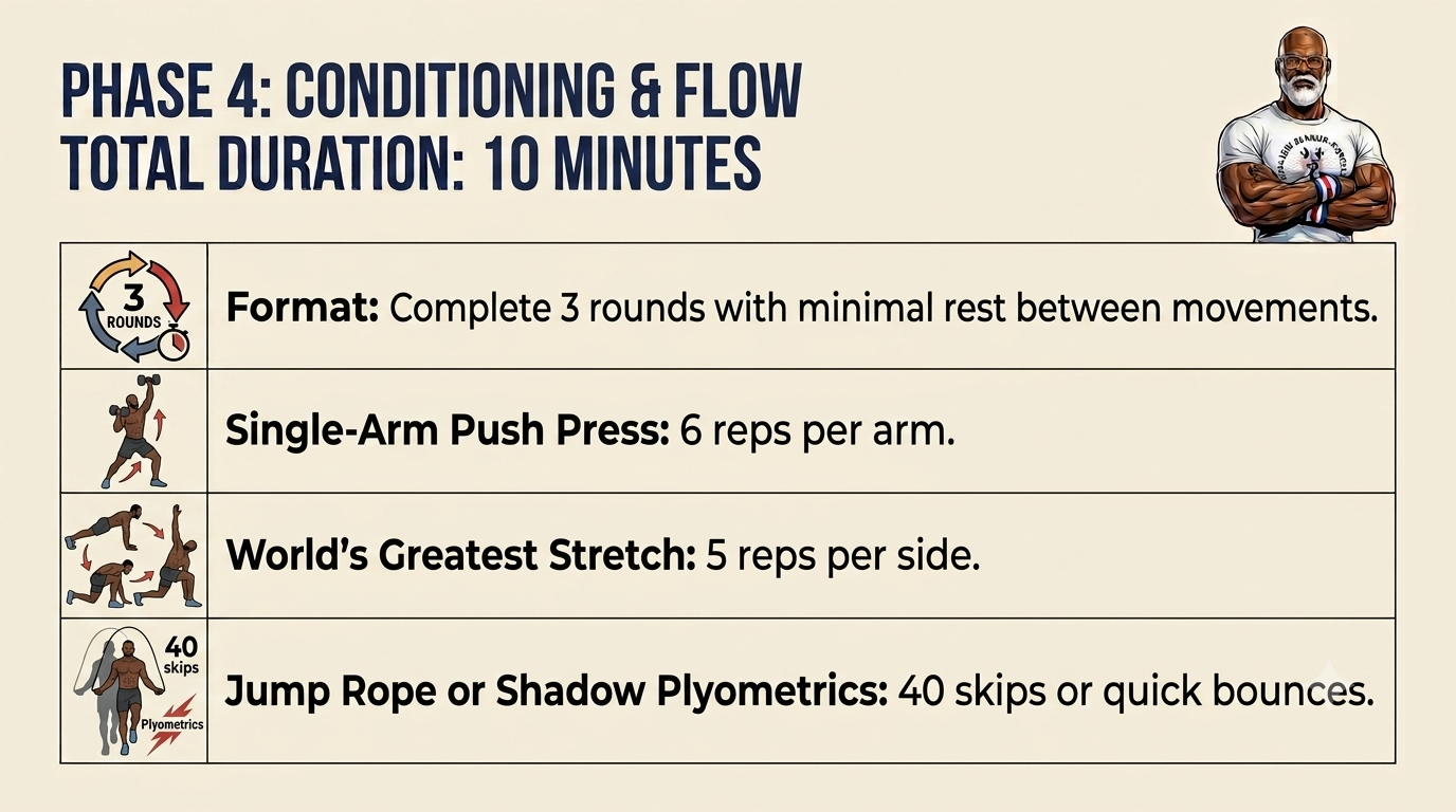 Hybrid Strength & Mobility. A conditioning workout card featuring three exercises—single‑arm push press, world’s greatest stretch, and jump rope or plyometric bounces—completed for three rounds with minimal rest, plus an illustrated ESF coach.