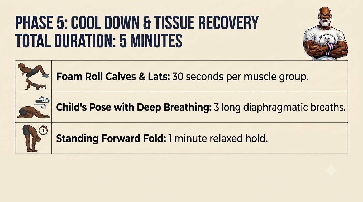 Hybrid Strength & Mobility. A cool‑down graphic showing foam rolling for calves and lats, child’s pose breathing, and a standing forward fold, each with durations and illustrated movement icons.
