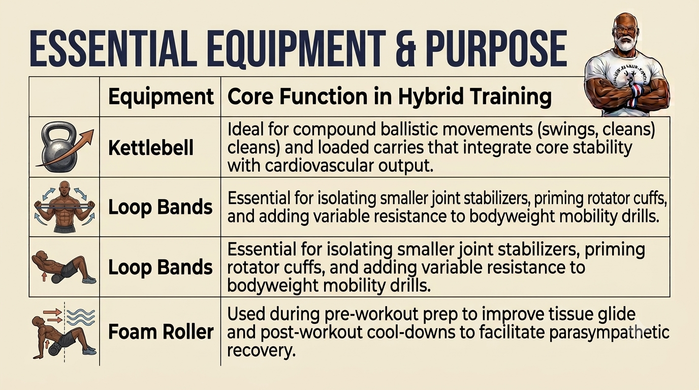 Hybrid Strength & Mobility. A hybrid training equipment chart listing kettlebells, loop bands, and foam rollers with their core functions, accompanied by small exercise illustrations and ESF branding.