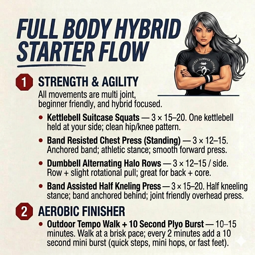Hybrid Steps to Blast Fat Fast. Illustrated fitness guide showing a beginner‑friendly full‑body hybrid workout with kettlebell squats, band chest press, halo rows, half‑kneeling press, and an outdoor tempo walk finisher.