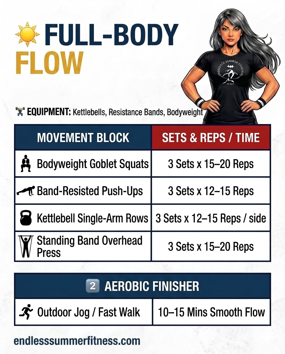 Hybrid Secrets to Boost Energy. Full‑Body Flow workout card showing goblet squats, band‑resisted push‑ups, single‑arm kettlebell rows, standing band overhead press, and a 10–15 minute outdoor jog finisher, with listed sets, reps, and required equipment.