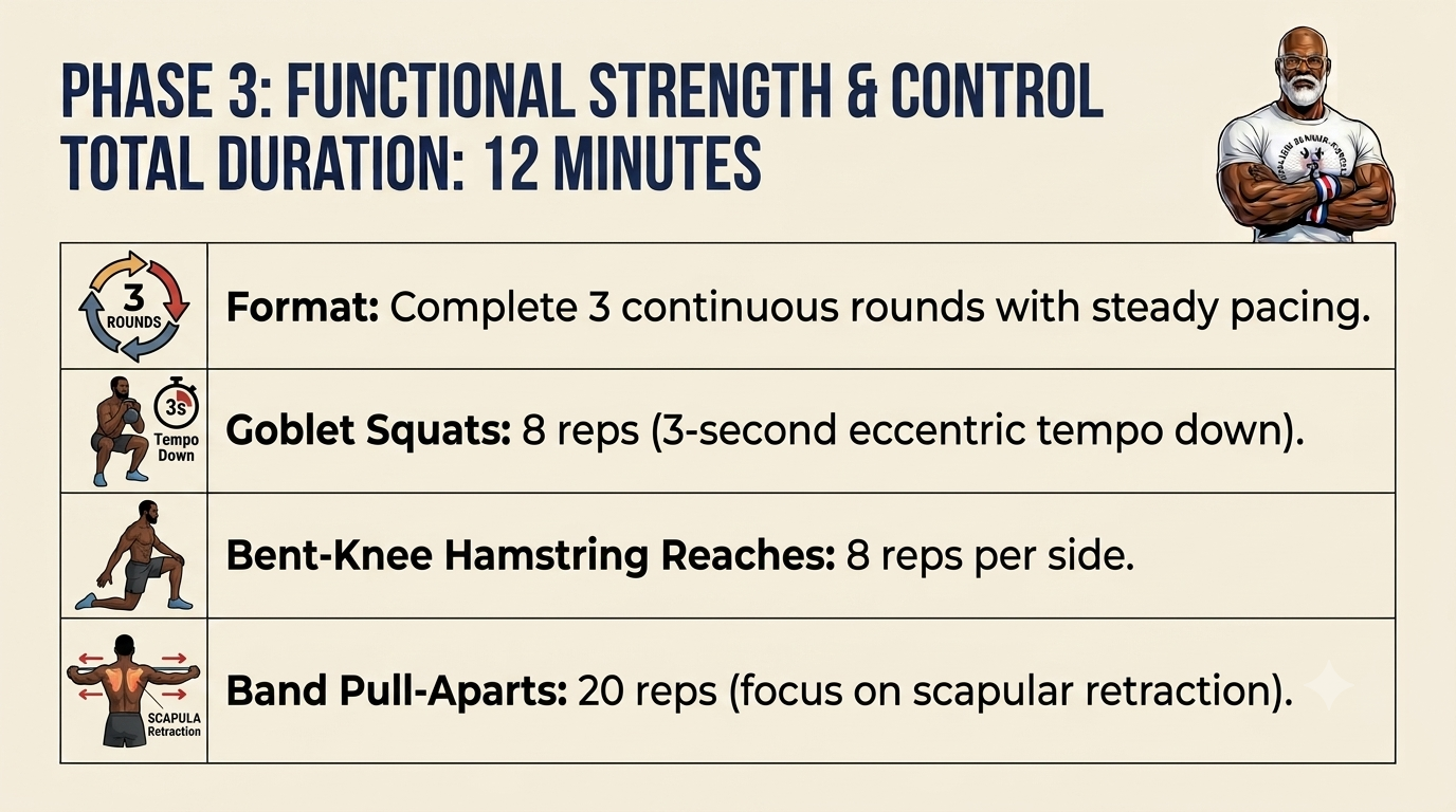 Hybrid Strength & Mobility. A functional strength graphic outlining a 12‑minute routine with goblet squats, bent‑knee hamstring reaches, and band pull‑apart, including reps, tempo cues, and exercise illustrations.