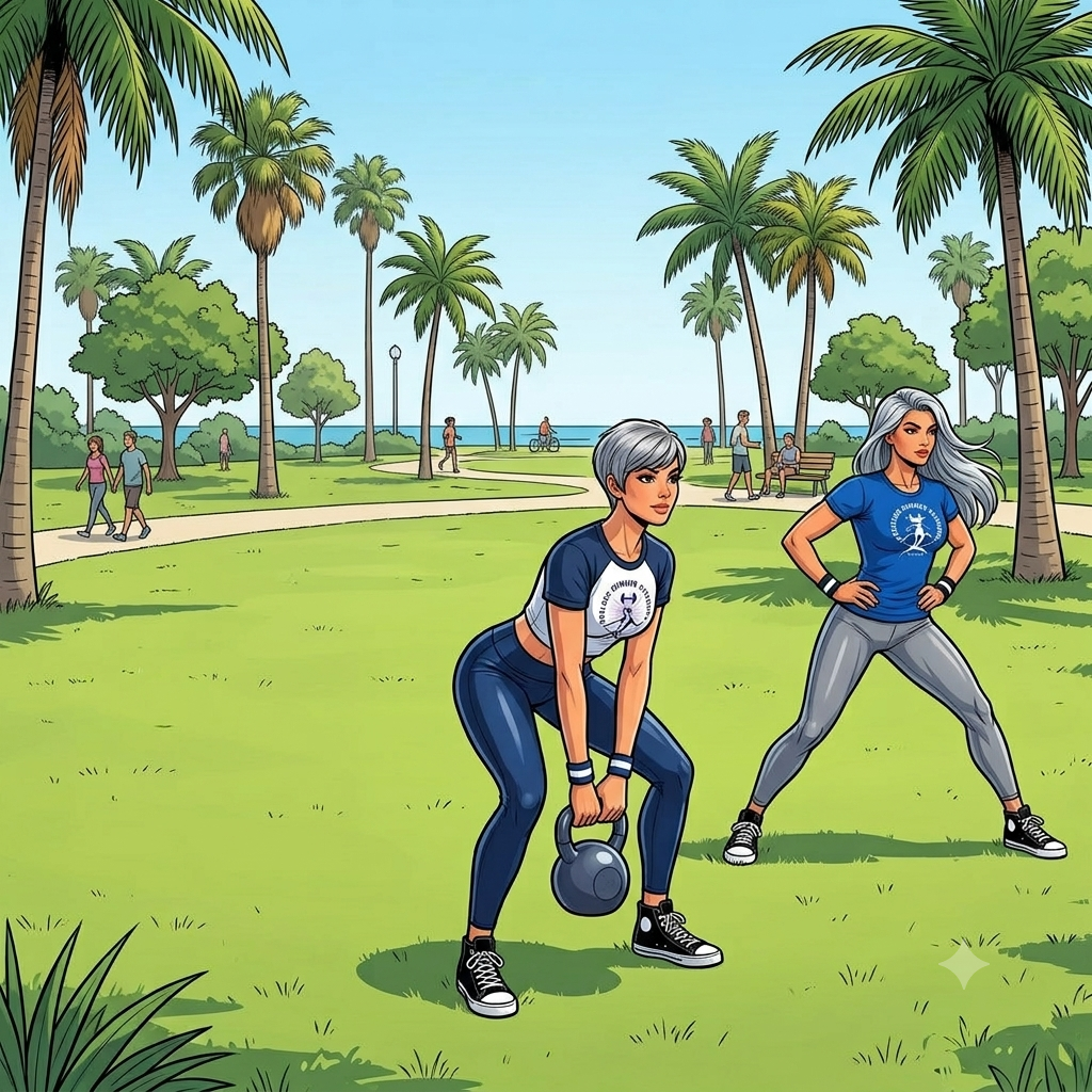 coaches redefining hybrid training. An illustrated ESF coach performs a kettlebell swing while another coach uses resistance bands attached to a palm tree in a bright Pompano Beach fitness park. The scene shows clean grass, palm trees, and people walking near the beach.
