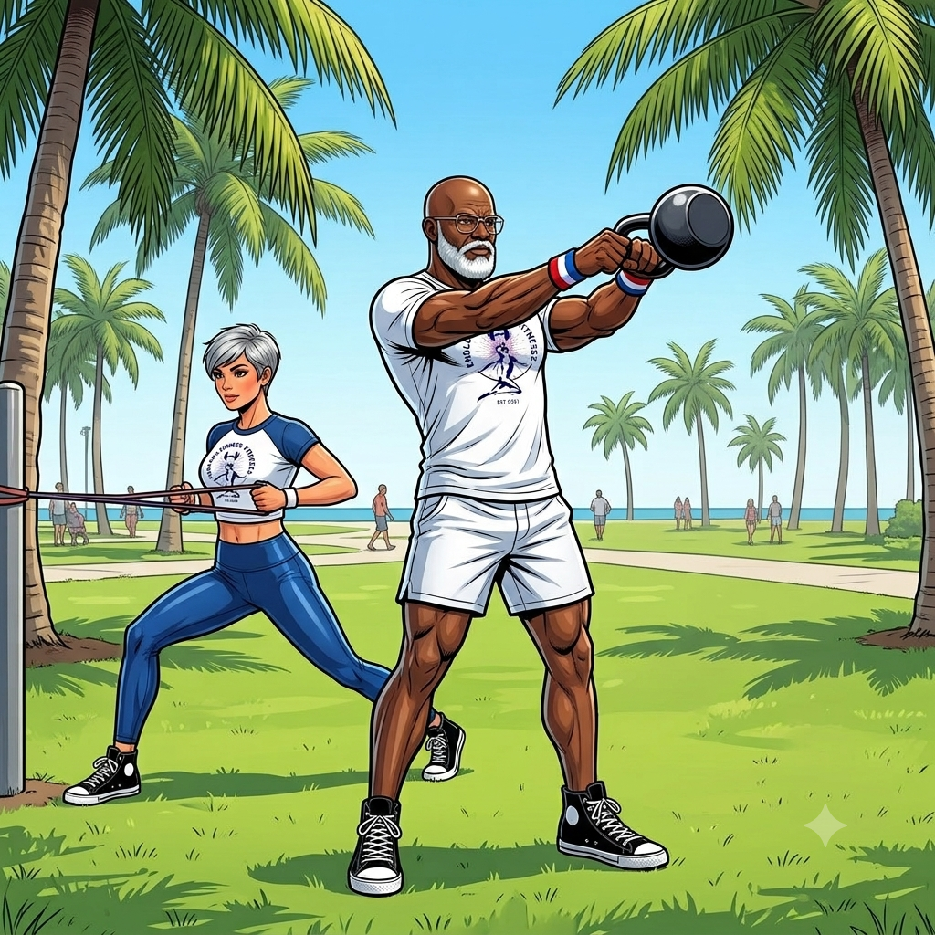 coaches redefining hybrid training. An illustrated older male ESF coach with a white beard performs a kettlebell squat in a sunny Pompano Beach fitness park while a female ESF coach stands nearby supervising. Palm trees, ocean paths, and people walking and cycling appear in the background.