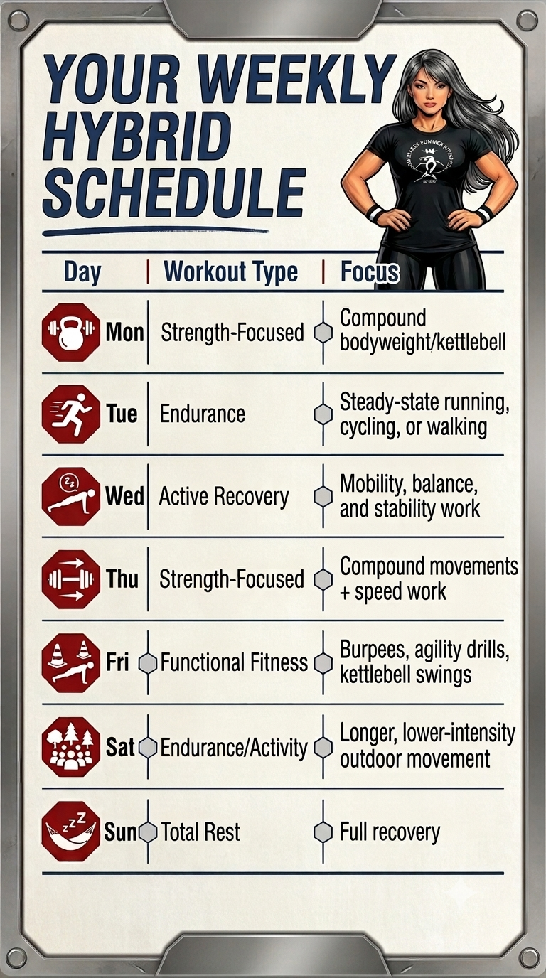Rapid Fat Loss & Strength. Infographic titled “Your Weekly Hybrid Schedule” showing a seven‑day workout plan with strength days, endurance days, active recovery, functional fitness, and a rest day, alongside an illustrated athlete standing confidently on the right.