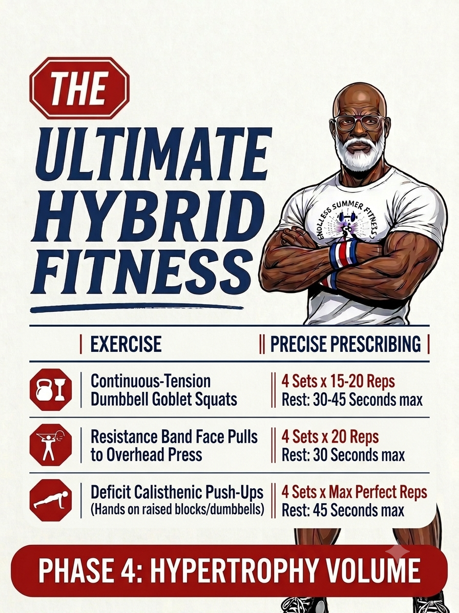 hybrid-fitness-for-muscle-tone. Infographic of Endless Summer Fitness Ultimate Hybrid Fitness card featuring arms-crossed coach and Phase 4 exercise parameters.