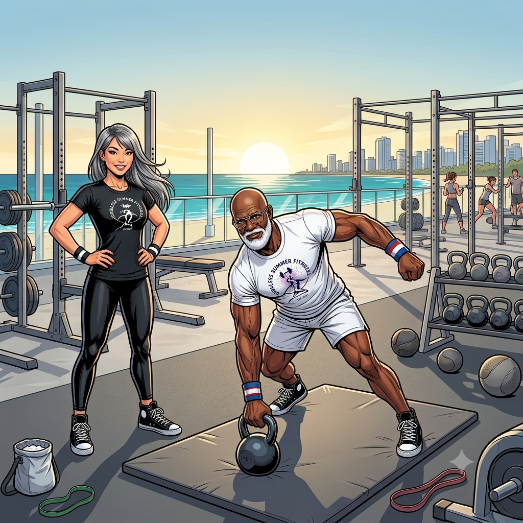 Rapid Fat Loss & Strength. Outdoor seaside gym scene at sunset with two older athletes training; one stands confidently with hands on hips while another performs a kettlebell row. The space includes weight racks, kettlebells, medicine balls, resistance bands, and benches, with additional people exercising along the oceanfront city skyline.