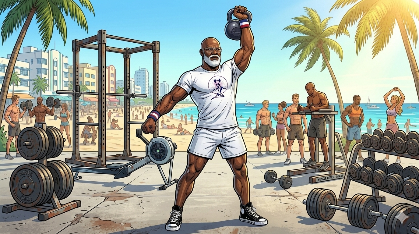 A stylized comic‑book illustration of a muscular older ESF coach with a bald head, white beard, and glasses, standing confidently in athletic gear against a dark background, wearing an Endless Summer Fitness T‑shirt and wristbands.