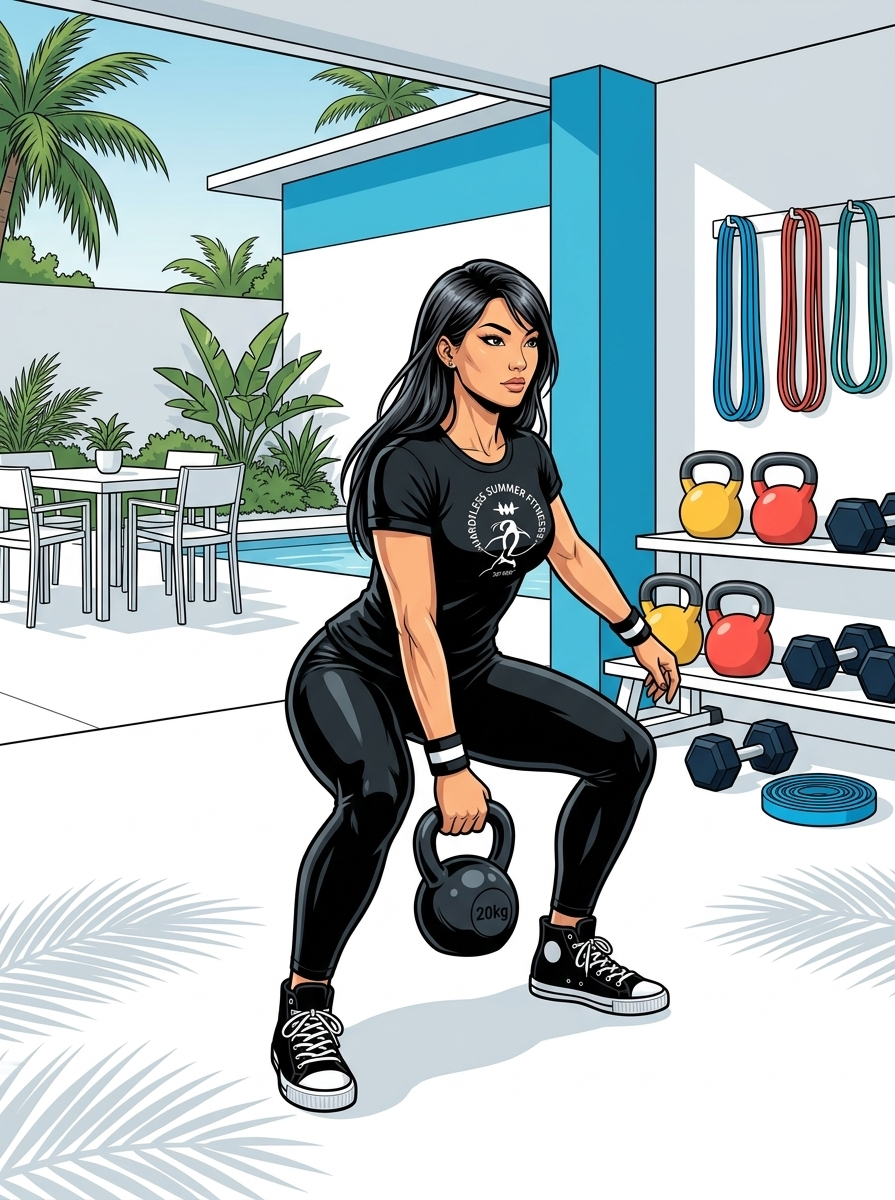 A comic‑book style illustration of the female Endless Summer Fitness coach performing a kettlebell suitcase squat in a bright Miami backyard home gym. She holds a kettlebell at one side while squatting with clean form. The outdoor space is sunny with palm shadows, and minimal, color‑coordinated equipment is neatly organized along the side wall.