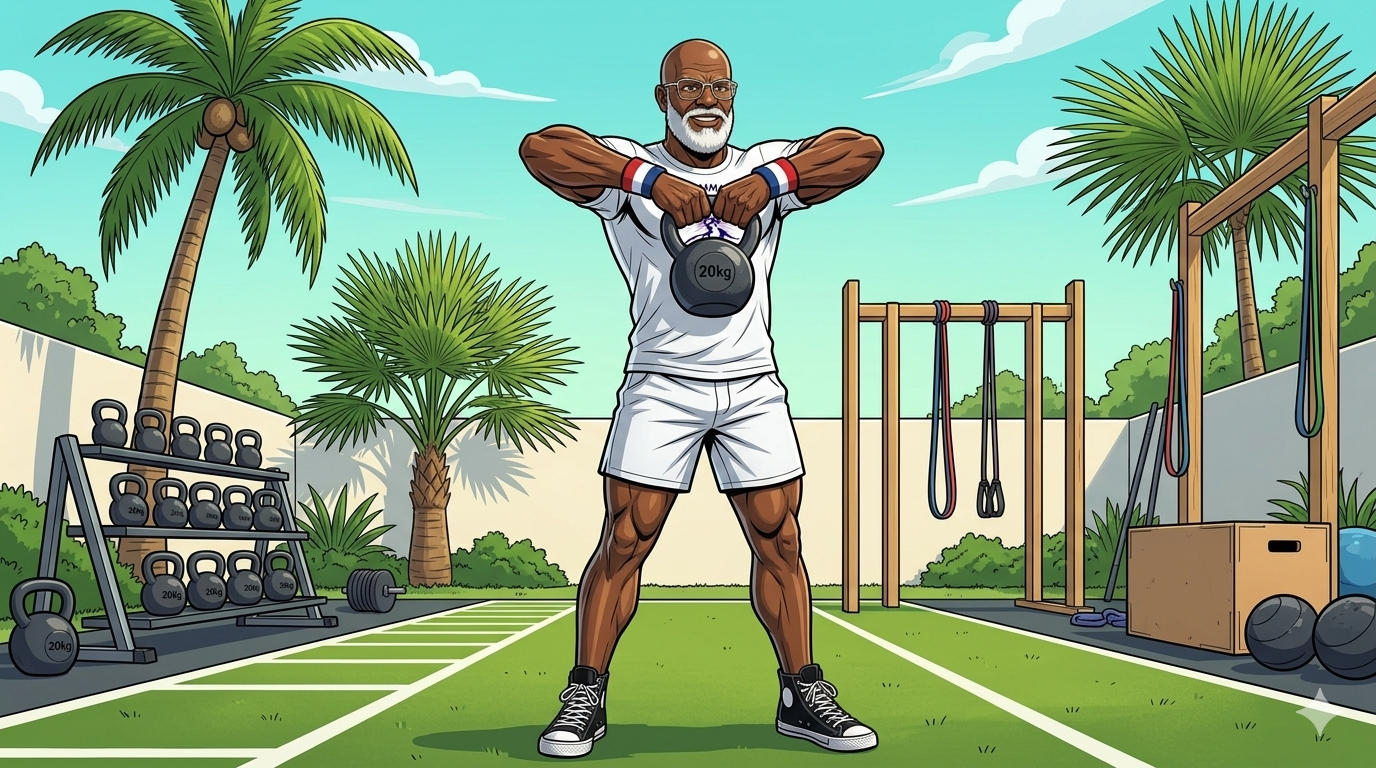 Hybrid Secrets to Boost Energy. Lower‑Body & Sprint Circuit workout card showing kettlebell deadlifts, reverse lunges, banded lateral walks, and a 50‑meter outdoor sprint with walking recovery, including sets, reps, and required equipment.