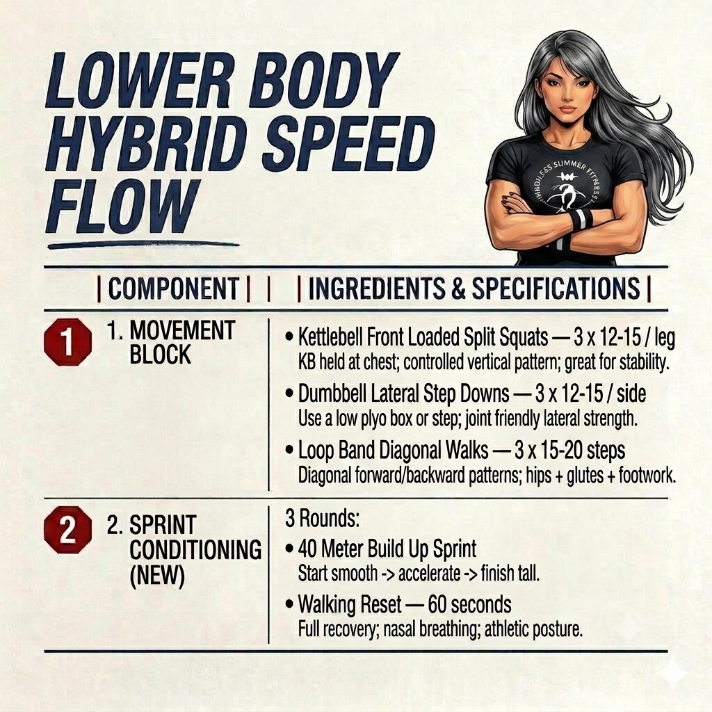 Hybrid Steps to Blast Fat Fast. Illustrated fitness guide demonstrating a lower‑body hybrid speed workout with split squats, lateral step downs, diagonal band walks, and a 40‑meter sprint conditioning block.