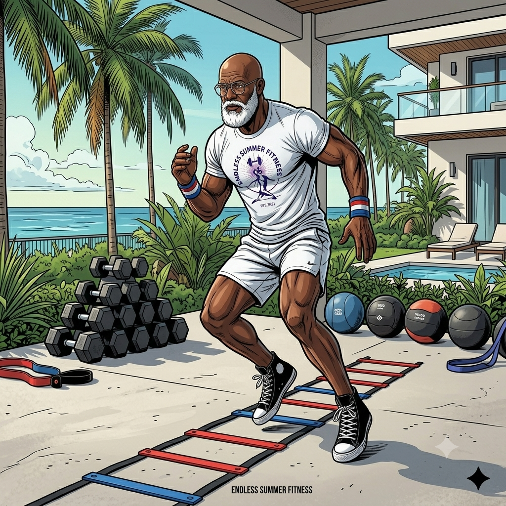 Endless Summer Fitness coach performing speed ladder drills at an outdoor tropical luxury gym, illustrating hybrid fitness.