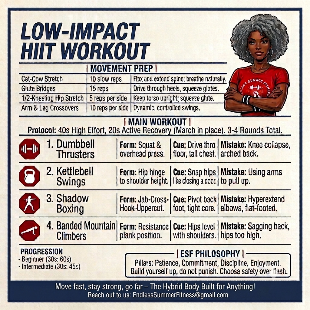Low-Impact HIIT Moves to Destroy Fat. An infographic titled 'LOW-IMPACT HIIT WORKOUT' for Endless Summer Fitness, featuring a illustrated Black woman with a grey afro in a red t-shirt on a cream textured background with a blue border. The image outlines a 'MOVEMENT PREP' routine with exercises like Cat-Cow Stretch and Glute Bridges, followed by a 'MAIN WORKOUT' protocol. This workout includes four steps: 1. Dumbbell Thrusters, 2. Kettlebell Swings, 3. Shadow Boxing, and 4. Banded Mountain Climbers, with detailed instructions on 'Form', 'Cue', and 'Mistake' for each. Below the main workout is a 'PROGRESSION' section for 'Beginner (30s: 60s)' and 'Intermediate (30s: 45s)' levels, and an 'ESF PHILOSOPHY' block emphasizing 'Patience, Commitment, Discipline, Enjoyment'. A dark blue bar at the bottom provides contact information: 'Reach out to us: EndlessSummerFitness@gmail.com'.