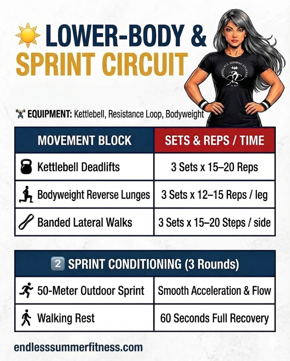 Hybrid Secrets to Boost Energy. Lower‑Body & Sprint Circuit workout card showing kettlebell deadlifts, reverse lunges, banded lateral walks, and a 50‑meter outdoor sprint with walking recovery, including sets, reps, and required equipment.