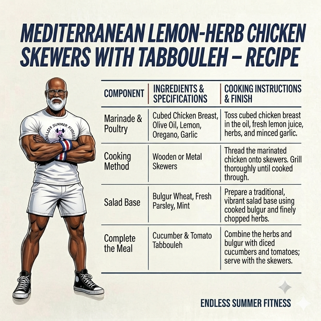 Healthy Dinner Ideas. Alt text: A Mediterranean chicken skewer recipe card featuring a muscular Endless Summer Fitness figure standing beside a clean, organized table outlining marinade ingredients, grilling steps, tabbouleh components, and final serving instructions.