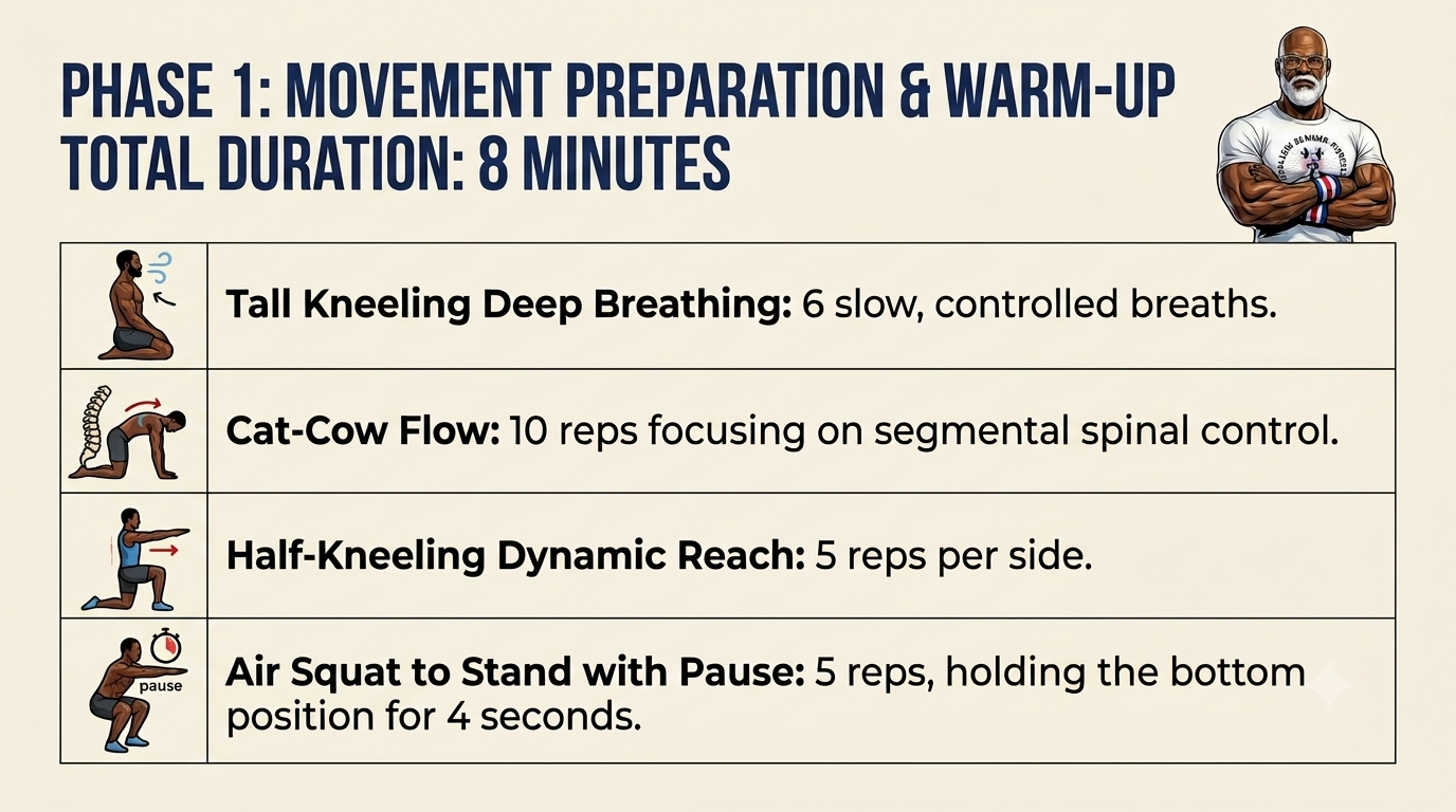 Hybrid Strength & Mobility. A warm‑up graphic showing four illustrated exercises—tall kneeling breathing, cat‑cow flow, half‑kneeling dynamic reach, and air squat to stand—with reps and brief instructions for an 8‑minute movement preparation routine.