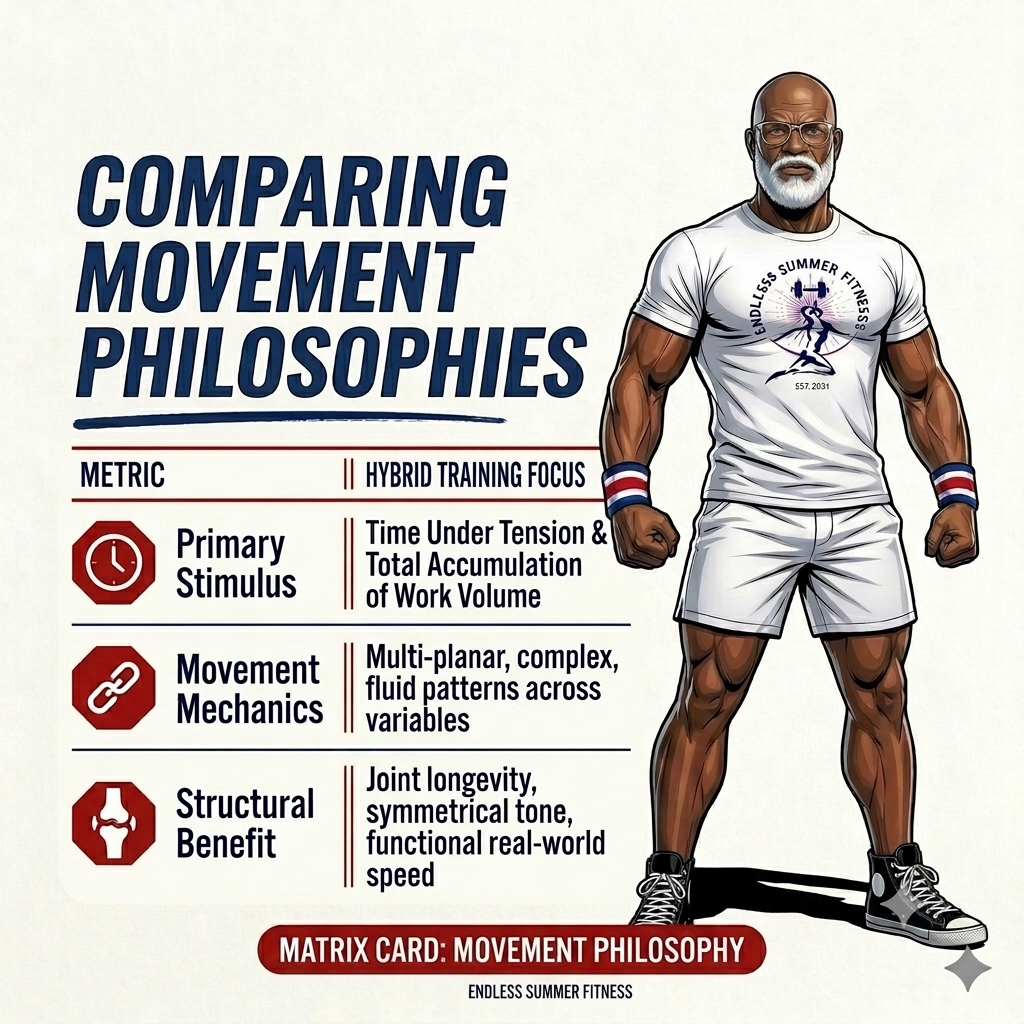hybrid-fitness-for-muscle-tone. Infographic of Endless Summer Fitness Movement Philosophy card featuring standing coach and hybrid training metrics.