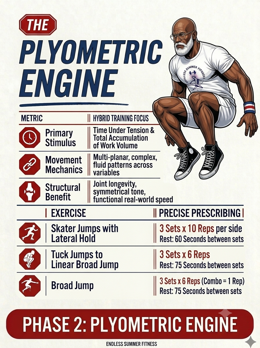 hybrid-fitness-for-muscle-tone. Infographic of Endless Summer Fitness Plyometric Engine workout featuring coach performing a tuck jump and Phase 2 training parameters.