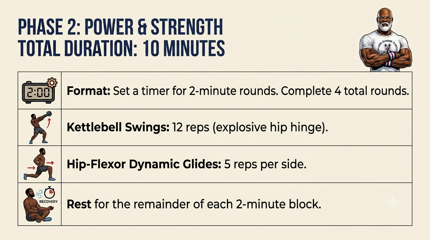 Hybrid Strength & Mobility. A workout card displaying a 10‑minute power and strength block with kettlebell swings, hip‑flexor dynamic glides, and timed 2‑minute rounds, alongside an illustrated ESF coach figure.