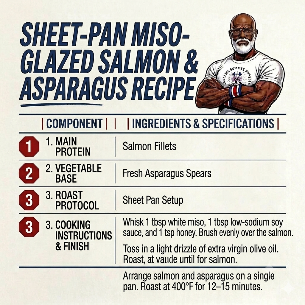 Healthy Dinner Ideas. Alt text: A clean recipe card titled “Sheet-Pan Miso-Glazed Salmon & Asparagus,” featuring a simple illustrated muscular figure with crossed arms above neatly organized ingredient and cooking instructions.