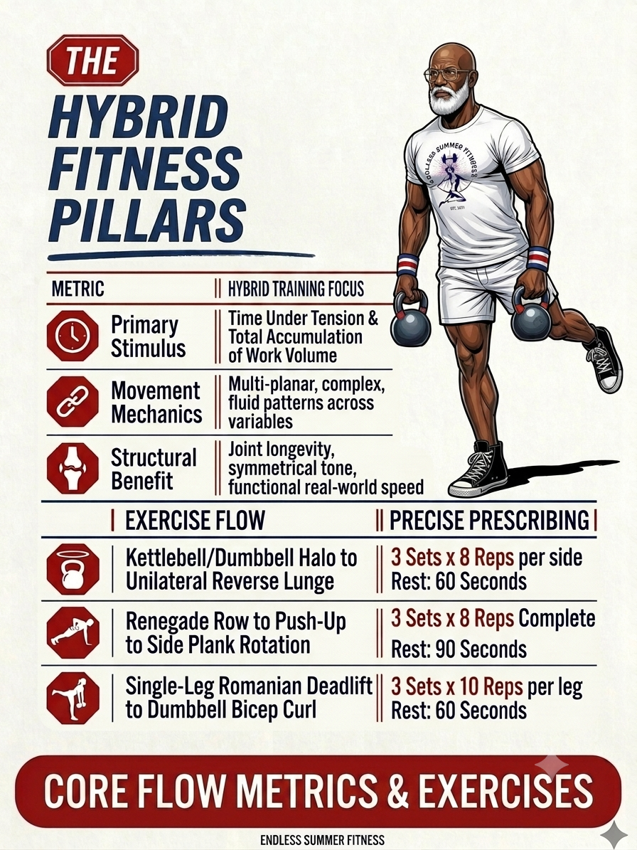 hybrid-fitness-for-muscle-tone. Infographic of Endless Summer Fitness Core Flow workout featuring coach balancing with kettlebells and Phase 3 parameters