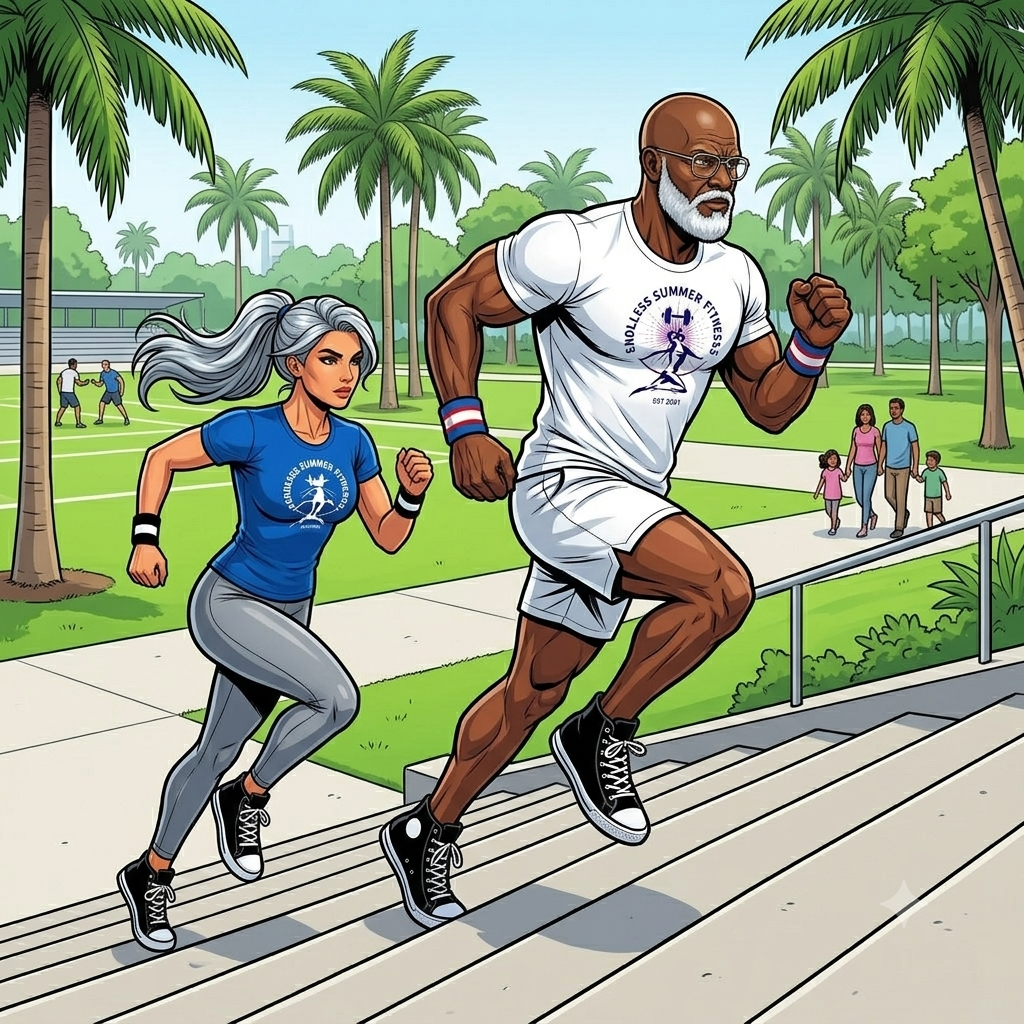 South Florida Bootcamps. Two ESF coaches sprint up the outdoor concrete stairs at McNair Park in Pompano Beach, moving powerfully in bright Miami daylight. The silver‑haired female coach leads with strong arm drive, and the bald male coach with a white beard follows close behind. Palm trees, open green space, and clean park architecture frame the scene as both coaches train with focused intensity.