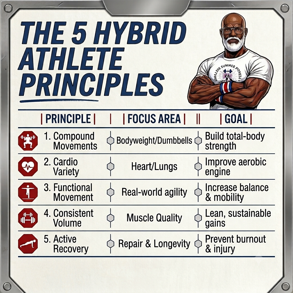 Rapid Fat Loss & Strength. Infographic titled “The 5 Hybrid Athlete Principles” showing a muscular athlete in a white Summer Fitness shirt beside a table listing five principles: compound movements, cardio variety, functional movement, consistent volume, and active recovery, each with their focus areas and goals.