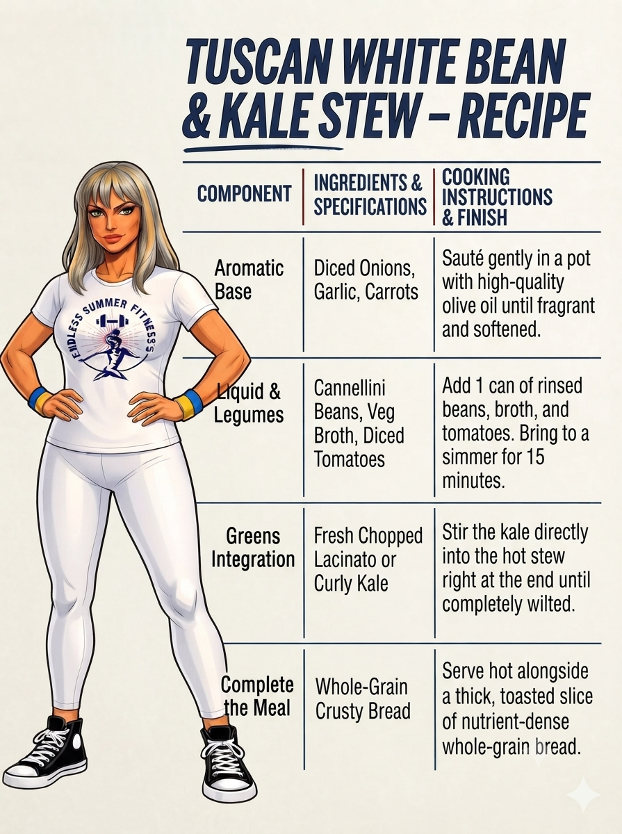 Healthy Dinner Ideas. Alt text: A clean Tuscan White Bean & Kale Stew recipe card featuring a stylized figure in an Endless Summer Fitness outfit standing beside a neatly organized chart of components, ingredients, and cooking instructions.