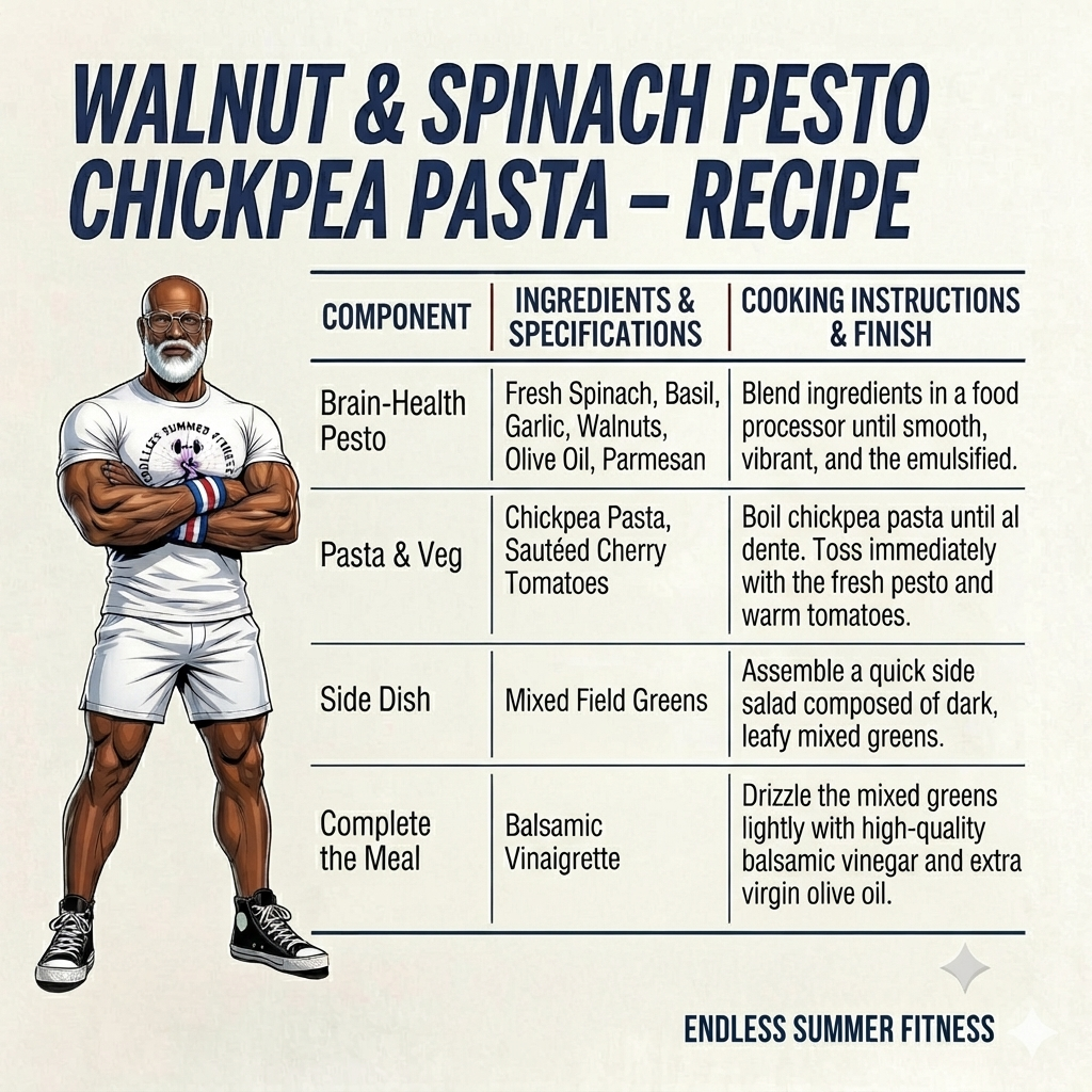 Healthy Dinner Ideas. Alt text: A Walnut & Spinach Pesto Chickpea Pasta recipe card featuring a muscular Endless Summer Fitness figure beside a clean three‑column table detailing pesto ingredients, pasta steps, a simple greens side, and balsamic finishing notes.