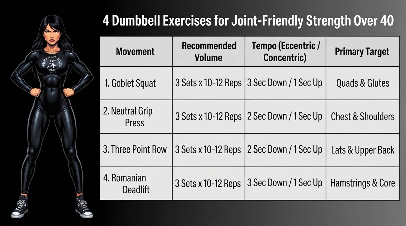 Strength Moves for 40+ Beginners. Infographic titled "4 Dumbbell Exercises for Joint-Friendly Strength Over 40" featuring the superhero character in a black catsuit standing on the left side, alongside a table detailing four dumbbell movements, their recommended volume, tempo, and primary muscle targets.