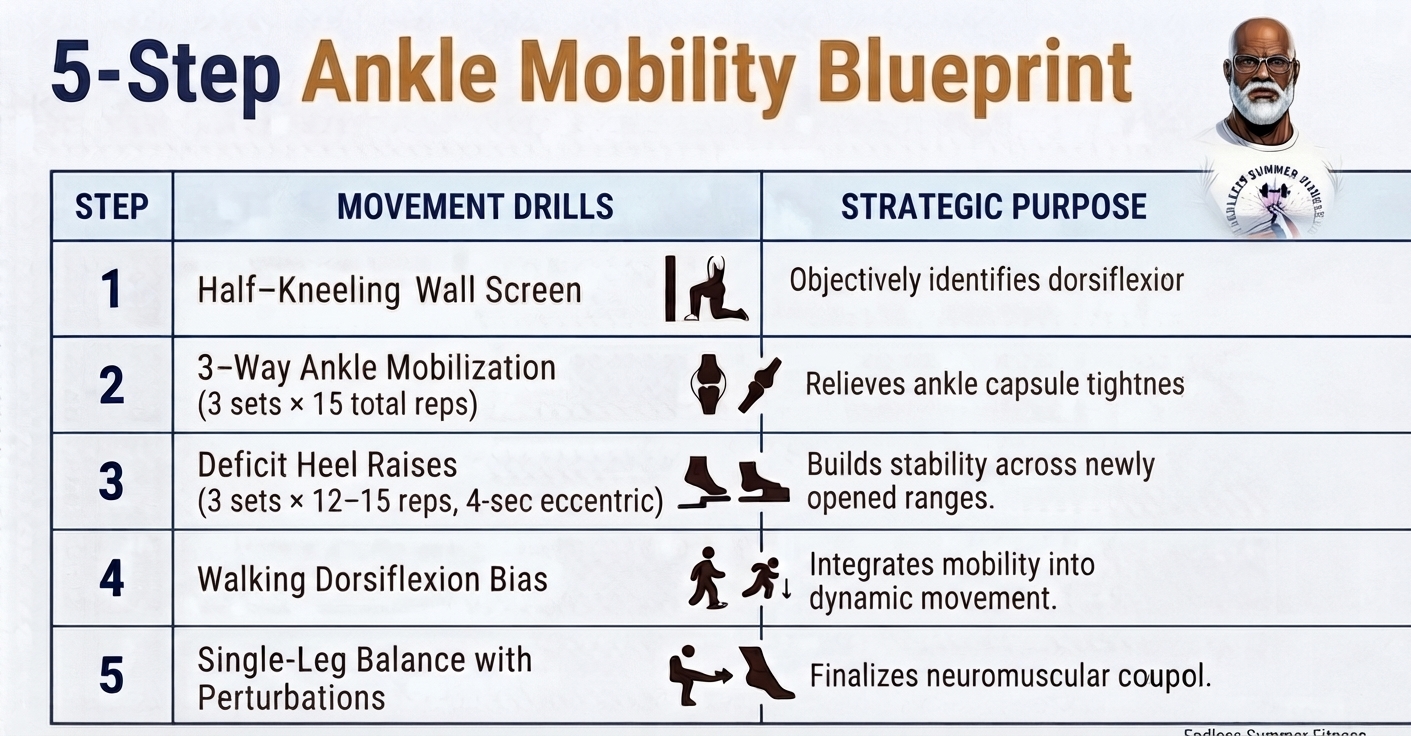 Ankle Mobility Steps If You're 40+. Animated comic book style vector illustration of a "5-Step Ankle Mobility Blueprint" workout card. Features an athletic older coach with white-framed glasses and a white ESF t-shirt on the right, and a simple 3-column table detailing ankle steps, drills, and benefits on a bright white background.