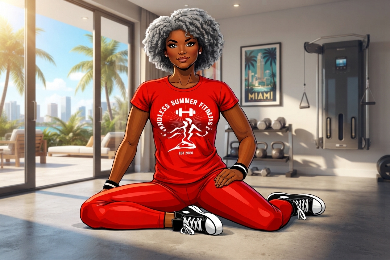 Hip Mobility Fixes for Over‑40 Bodies. Over 40 woman performing 90/90 hip switch, comic book illustrated style, bright Miami daylight, no text.