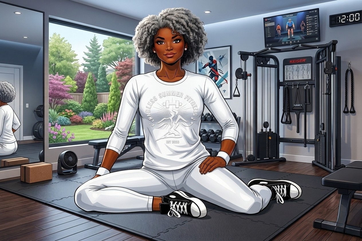 Hip Mobility Fixes for Over 40 Bodies An ESF female coach with curly gray hair sits on the floor of a home gym wearing a white Endless Summer Fitness outfit, surrounded by mirrors, a Keiser cable machine, dumbbells, and a window overlooking a landscaped garden.