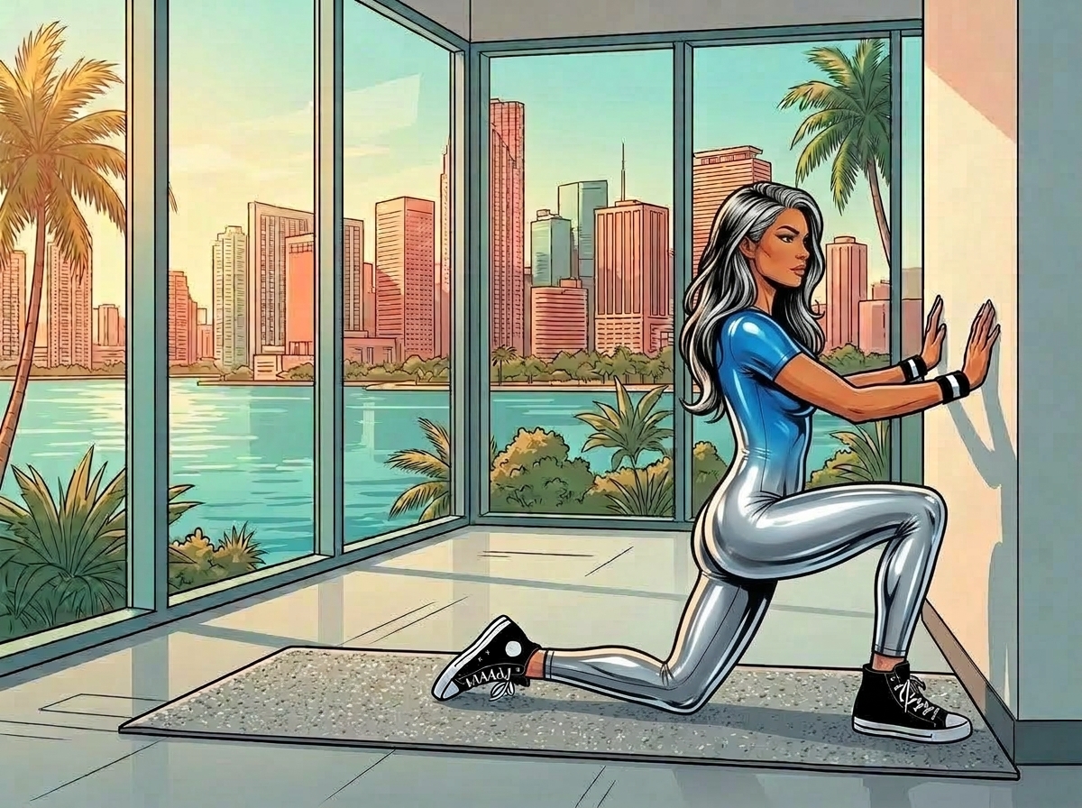 Comic-book vector illustration of a female coach with wavy salt-and-pepper hair performing a half-kneeling ankle mobility mobilization against a wall. She wears a blue-to-silver gradient bodysuit, black-and-white athletic wristbands, and black high-top Chuck Taylor sneakers. Set in a high-rise room on an exercise mat, facing floor-to-ceiling windows with a view of palm trees, water, and a city skyline.