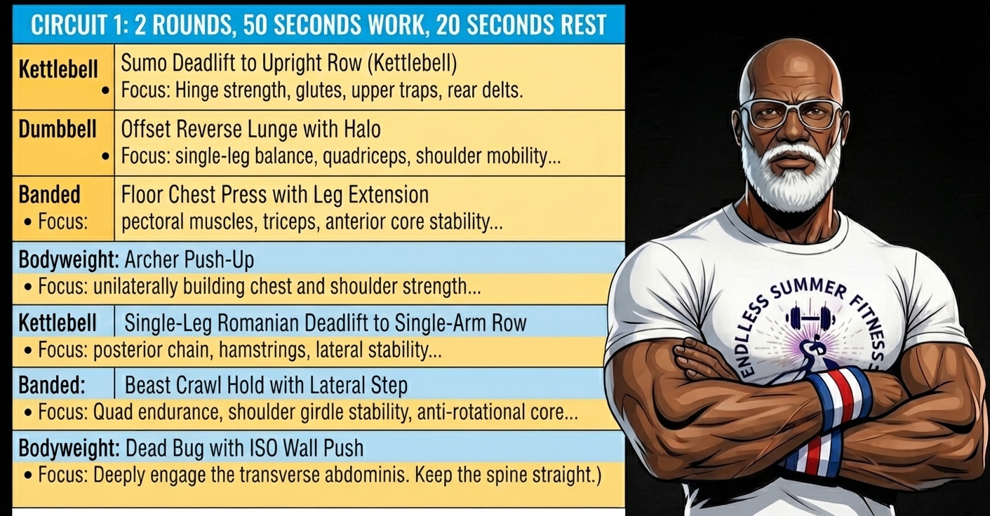 Low-Impact Circuits. A stylized ESF Circuit 1 workout card showing the older, muscular ESF coach with a bald head, white beard, and glasses standing in a bright Miami gym. To his left, a detailed table lists seven exercises—kettlebell, dumbbell, banded, and bodyweight movements—each with its focus areas for strength, balance, and core stability.