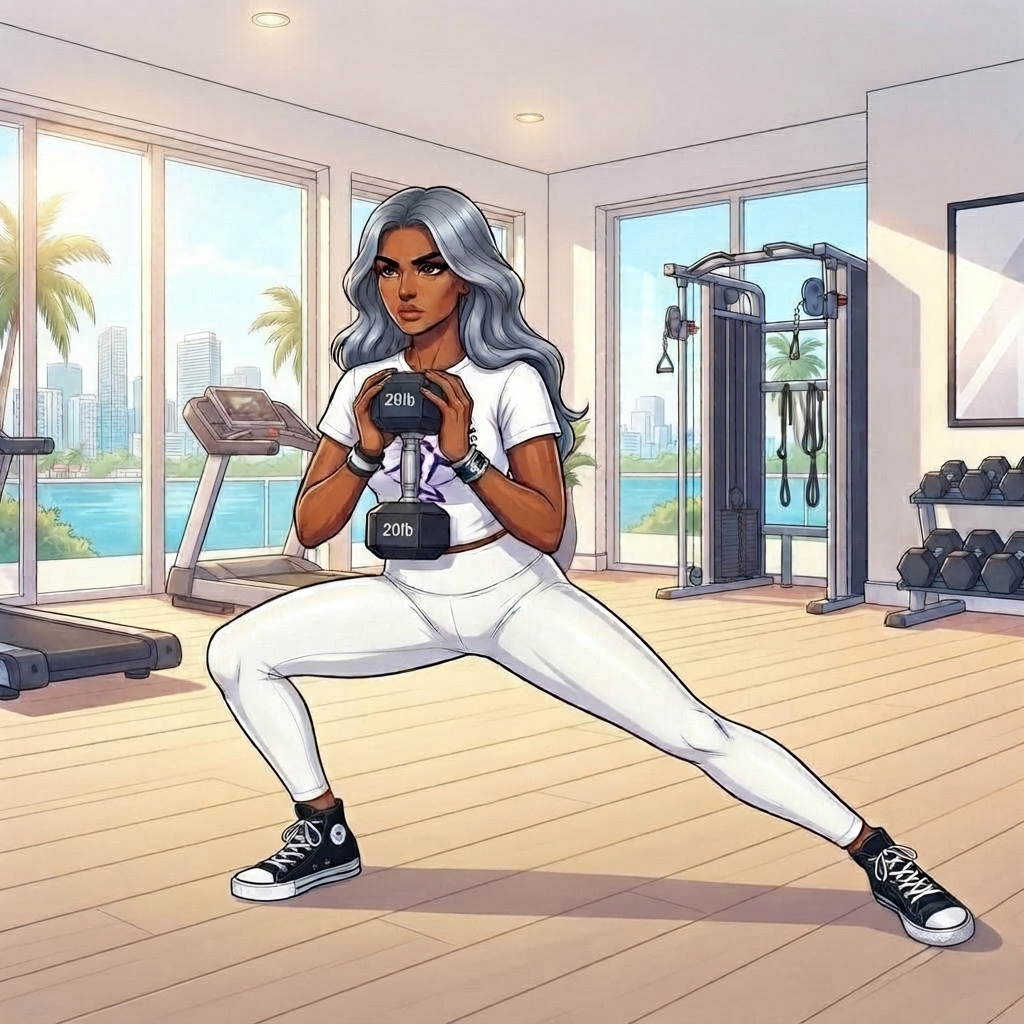 Hip Mobility Fixes for Over 40 Bodies. Indian woman with long wavy gray hair stands confidently in a white Endless Summer Fitness outfit against a black background, hands on hips, wearing black sneakers.