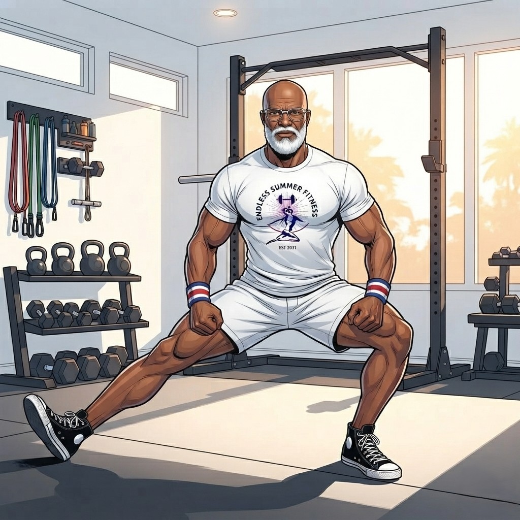 Muscular older man with a bald head, white beard, glasses, and wristbands performs a Cossack squat in his home gym while wearing a white Endless Summer Fitness shirt, white shorts, and black sneakers.