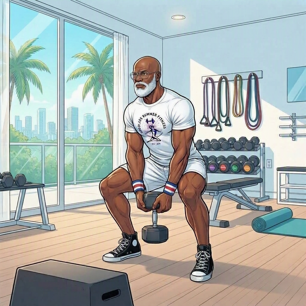 Illustration of a fit older man with a bald head and white beard performing a dumbbell squat in a bright home gym, wearing an Endless Summer Fitness shirt, surrounded by neatly organized equipment and Miami daylight through large windows.