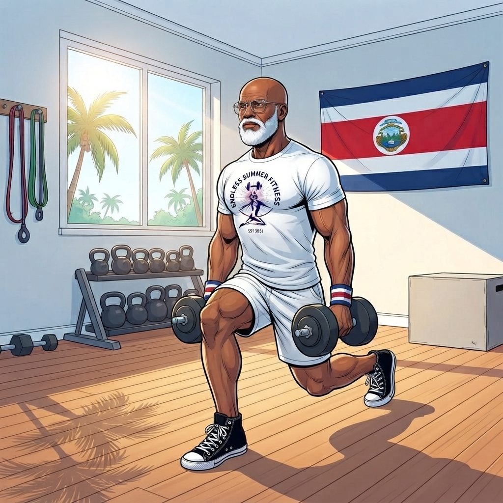 Older, strong Endless Summer Fitness coach performing a controlled dumbbell split squat inside a bright Miami home gym with hardwood floors, minimal equipment, and a Costa Rica flag with coat of arms hanging on the wall.