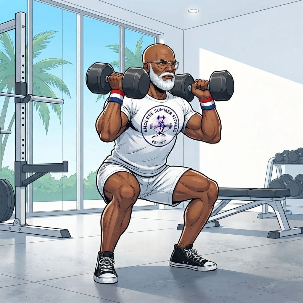 Illustrated ESF coach with a bald head, white beard, glasses, and a white Endless Summer Fitness shirt performing a dumbbell thruster inside a bright South Florida home gym. If you want a version optimized for Pinterest, Google Images, or accessibility standards, I can tailor it.