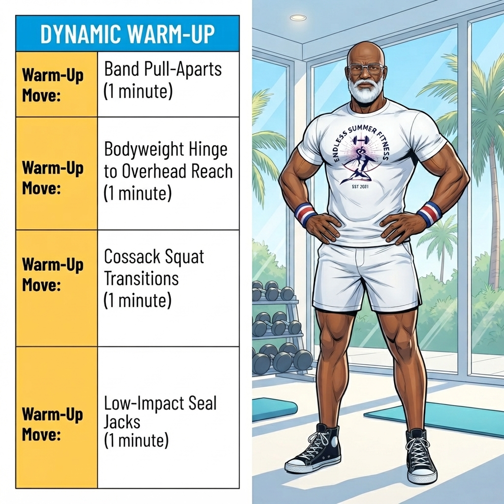 Low-Impact Circuits. A stylized Endless Summer Fitness warm‑up card showing the older, muscular ESF coach with a bald head, white beard, and glasses standing in a bright Miami gym. Large windows reveal palm trees outside, while a clean table on the left lists four dynamic warm‑up movements with their one‑minute durations.
